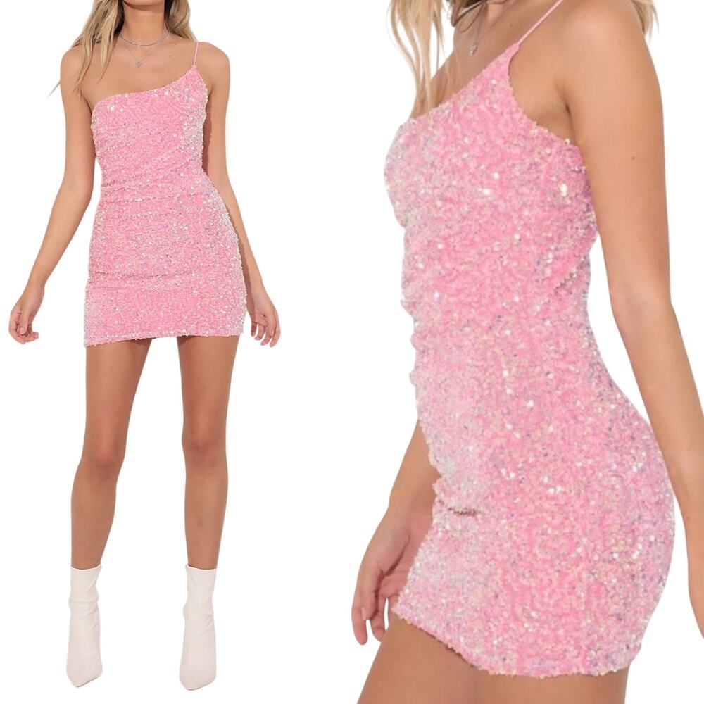 Lucy in the Sky One Shoulder Mini Dress Sequin Velvet Bodycon Pink Womens Medium